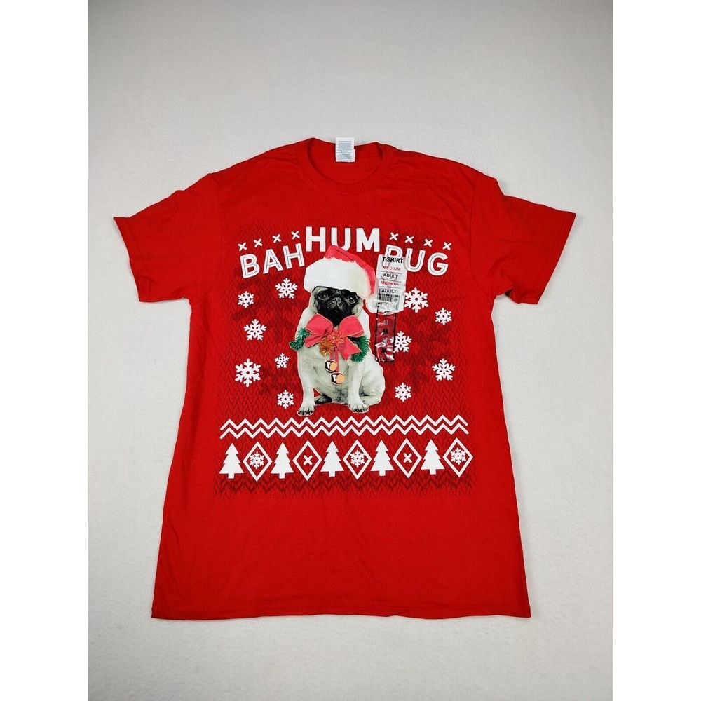 Christmas Shirt Unisex‎ Medium Red Bah Hum Bug Dog Print Holidays Short Sleeves